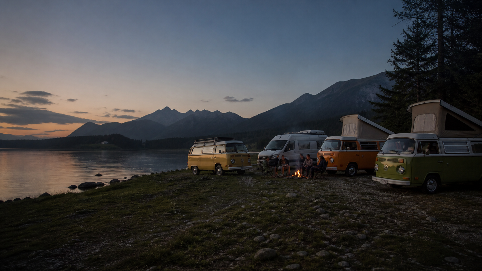Camper-Gemeinschaft am See in der Abendsonne